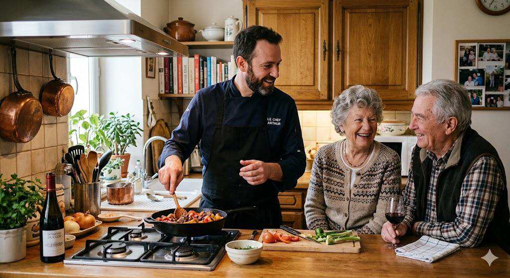 Un cuisinier prépare un repas avec une famille