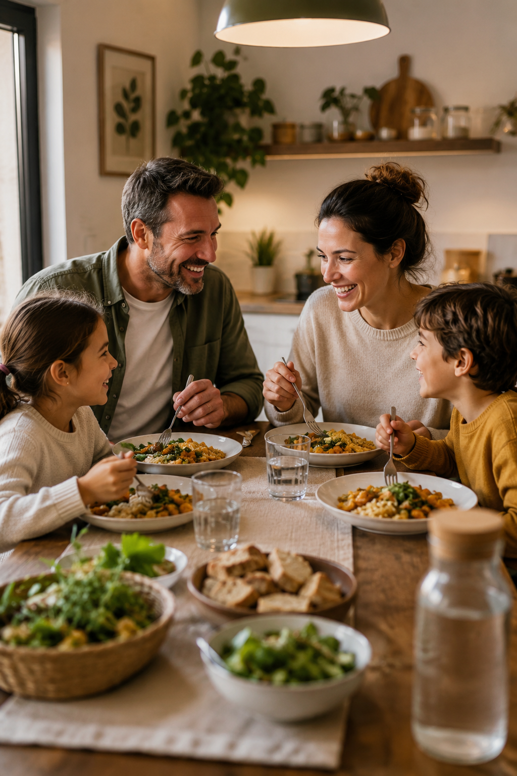Une famille partage un repas préparé à domicile